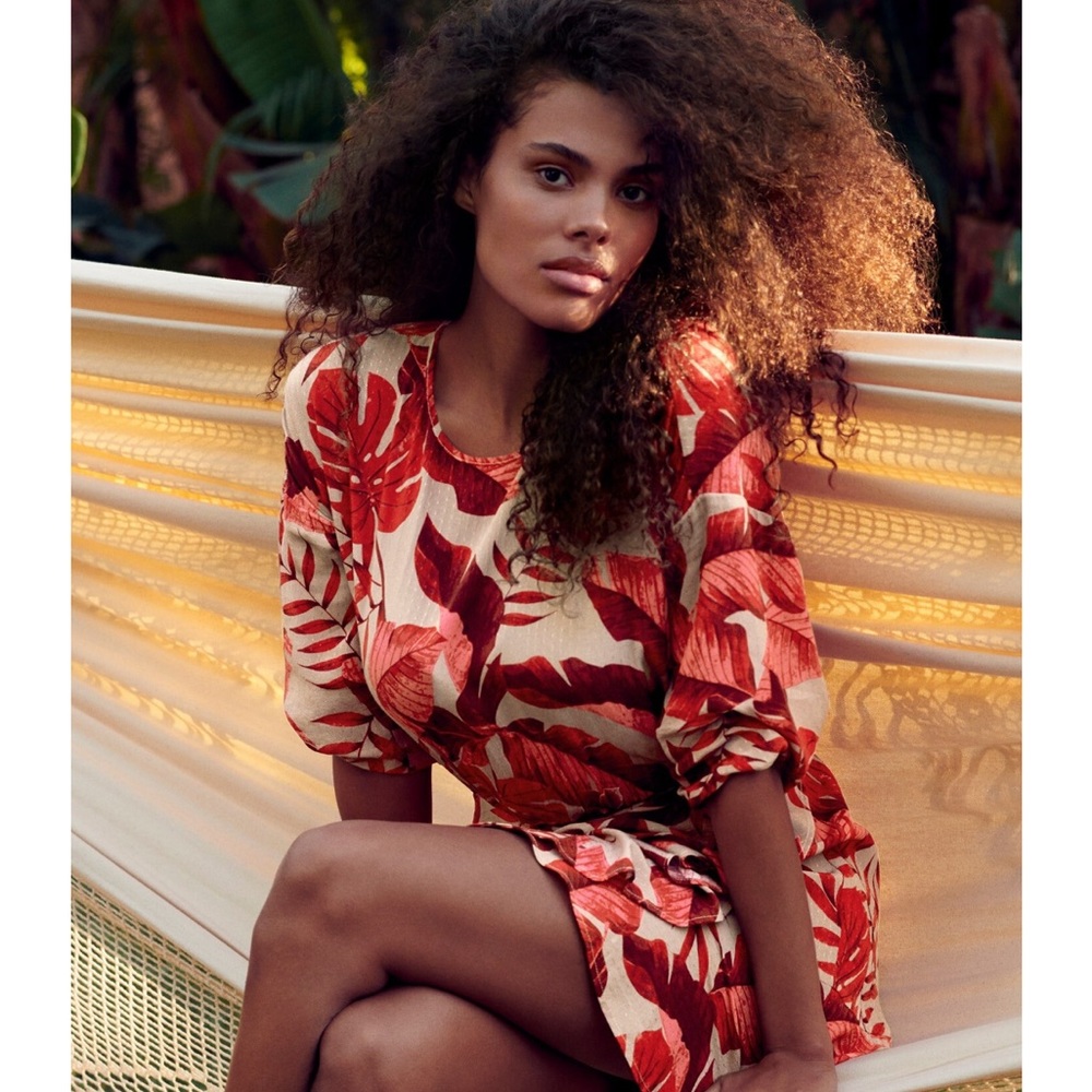 Johanna Ortiz x H&M Flounced Leaf Print 3/4 Sleeve Dress Red Tan EUC Size Small